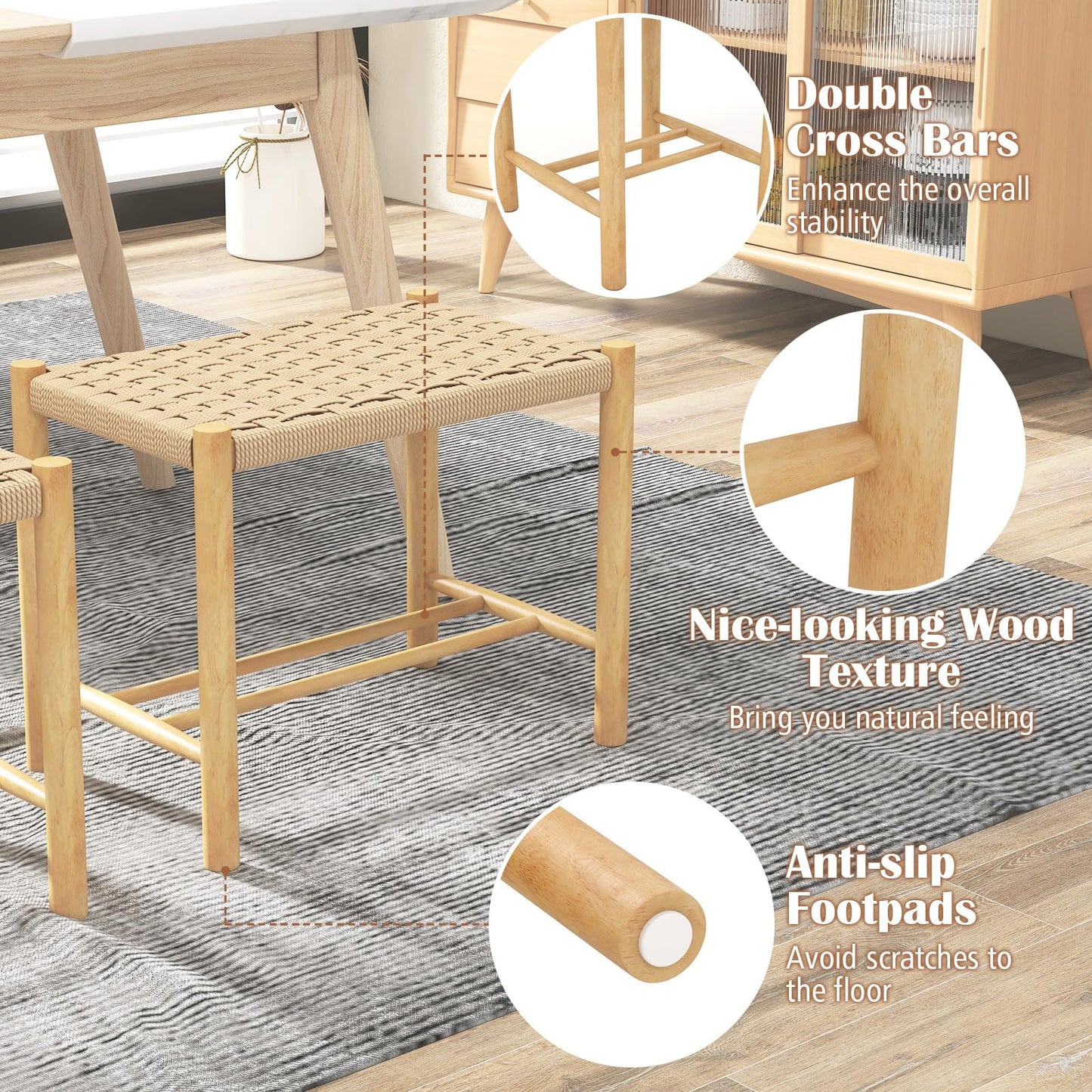 Dining Stool Set of 2 with Rubber Wood Frame and Woven Paper Seat