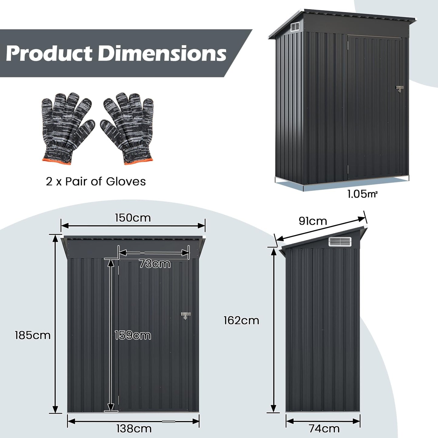 5x3FT Metal Garden Shed Galvanized Outdoor Storage Shed with 2 Air Vents