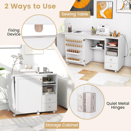 Folding Sewing Table with Charging Station and Storage Shelves
