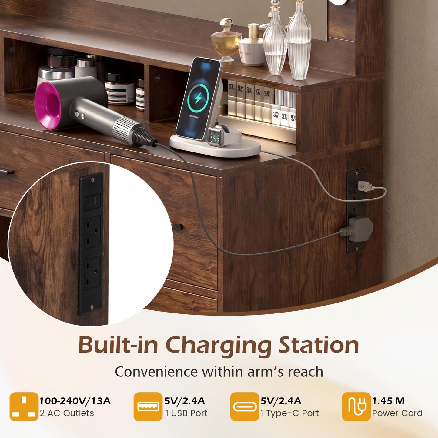 Dressing Table with Large Mirror and Cushioned Storage Stool