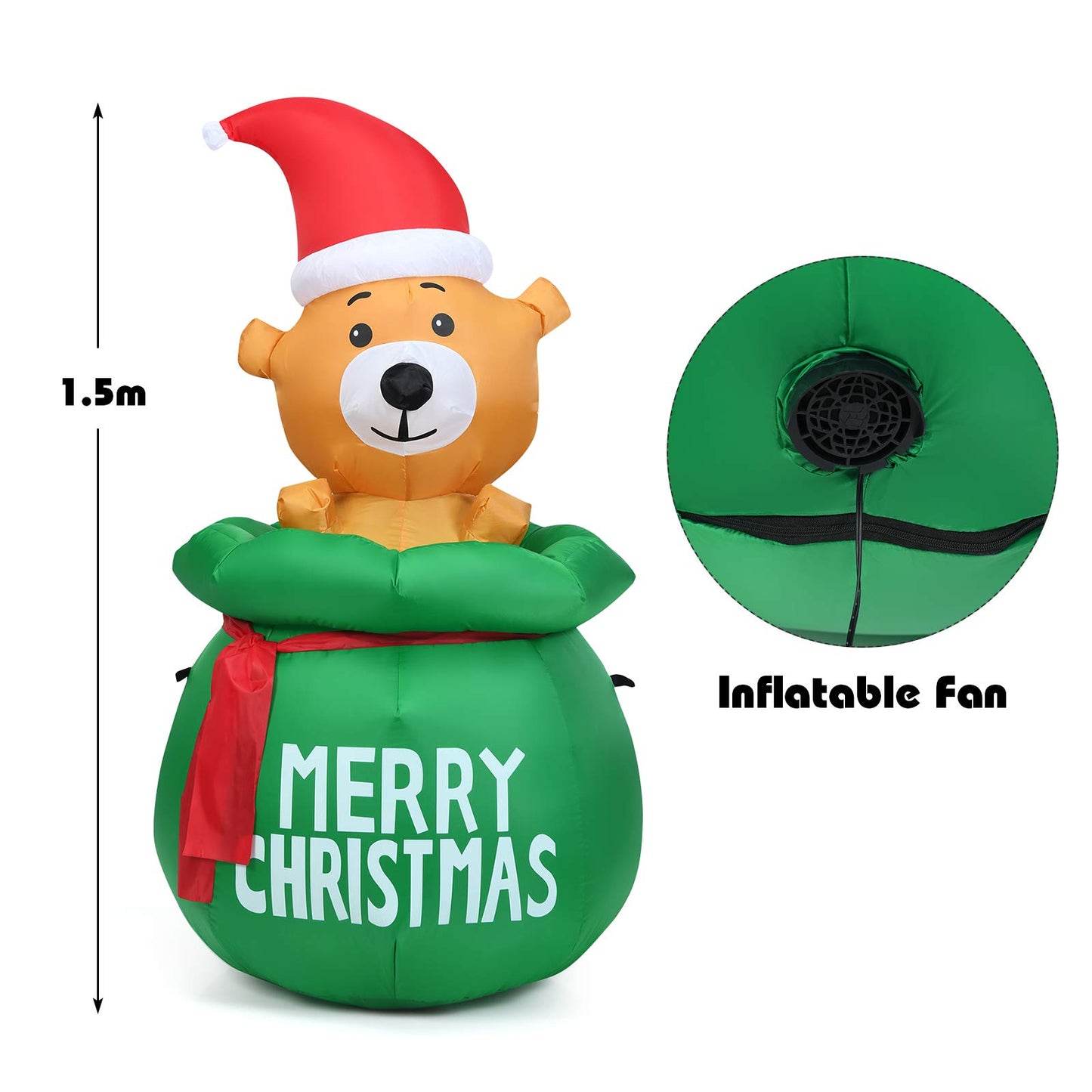 1.5M Blow Up Inflatable LED Christmas Cute Bear with Santa Hat