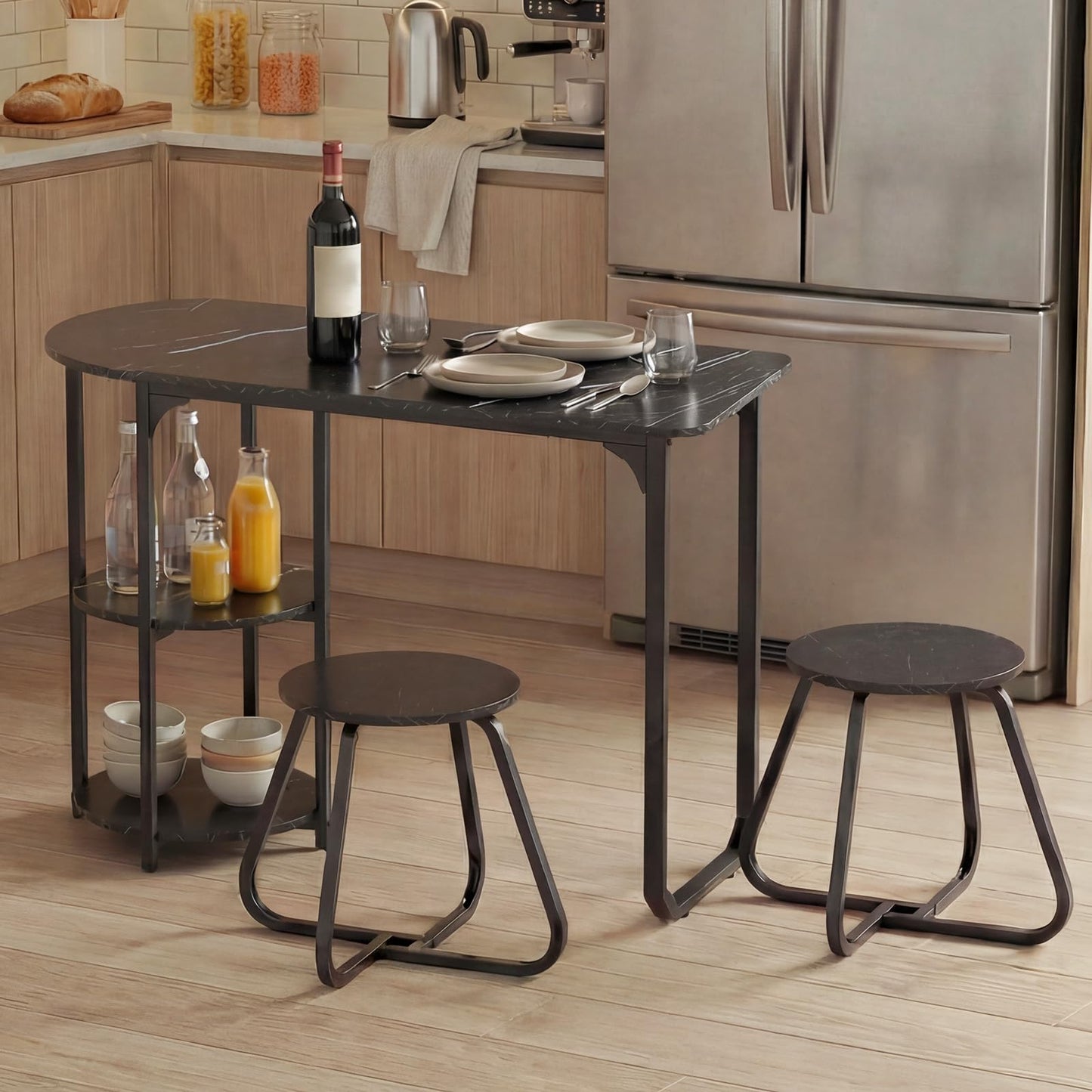 GiantexUK 3-Piece Dining Table Set, Wooden Kitchen Table and Stools