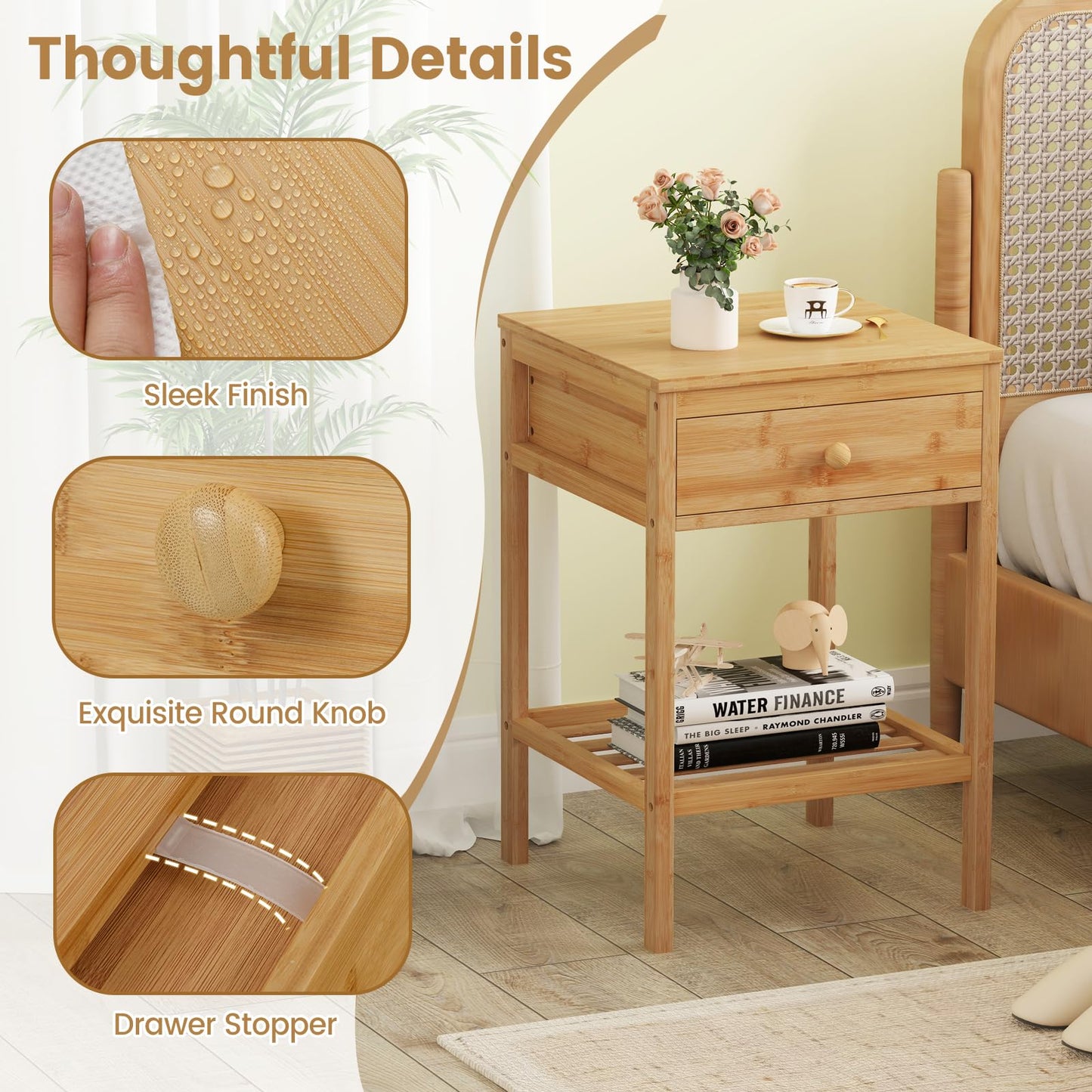 Bamboo Nightstand Sofa Side End Table with Drawer and Open Storage Shelf
