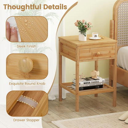 Bamboo Nightstand Sofa Side End Table with Drawer and Open Storage Shelf