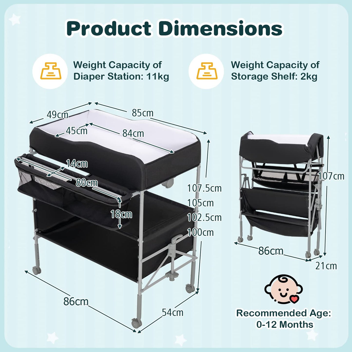 Baby Changing Table Folding Nursery Changing Station with 4 Lockable Wheels