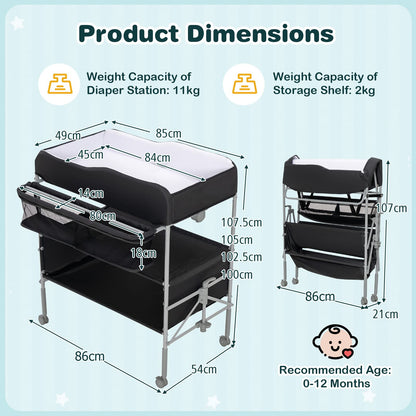 Baby Changing Table Folding Nursery Changing Station with 4 Lockable Wheels