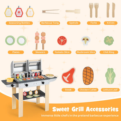 Kids BBQ Grill Playset, Wooden Toy Kitchen with Flip-Top Grill Covers