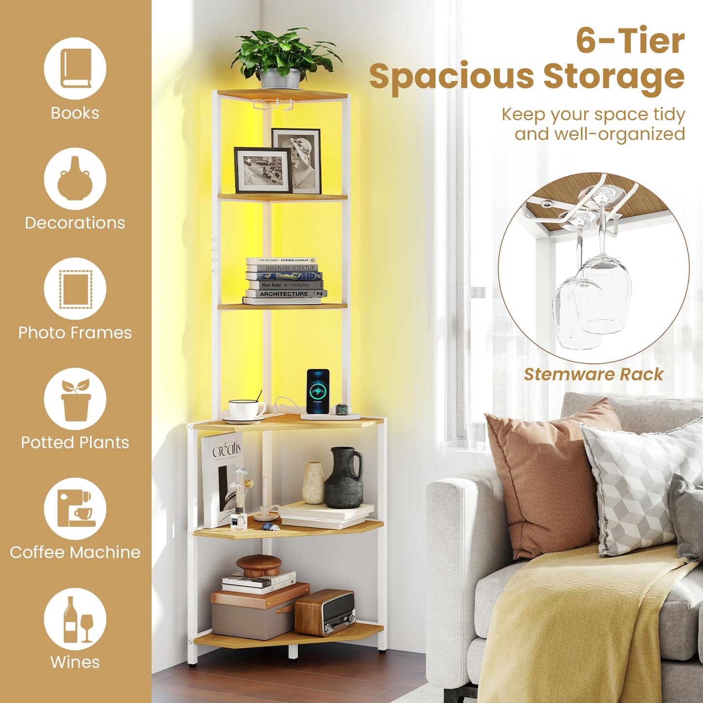 6-Tier Corner Shelf with 16 Color LED Lights