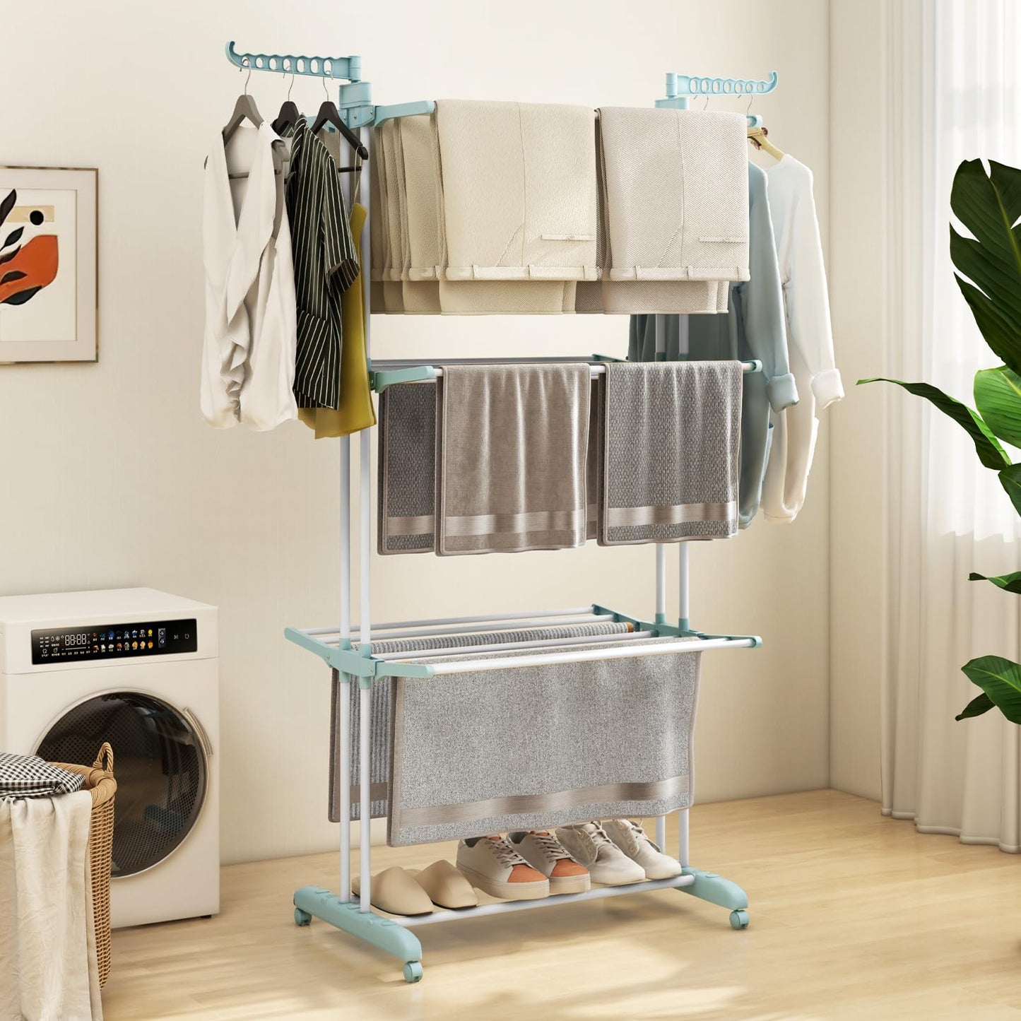 4 Tier Foldable Airer Clothes Drying Rack with Wings and Casters