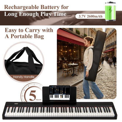 88 Keys Velocity-Sensitive Piano Keyboard with Music Stand and Carry Bag