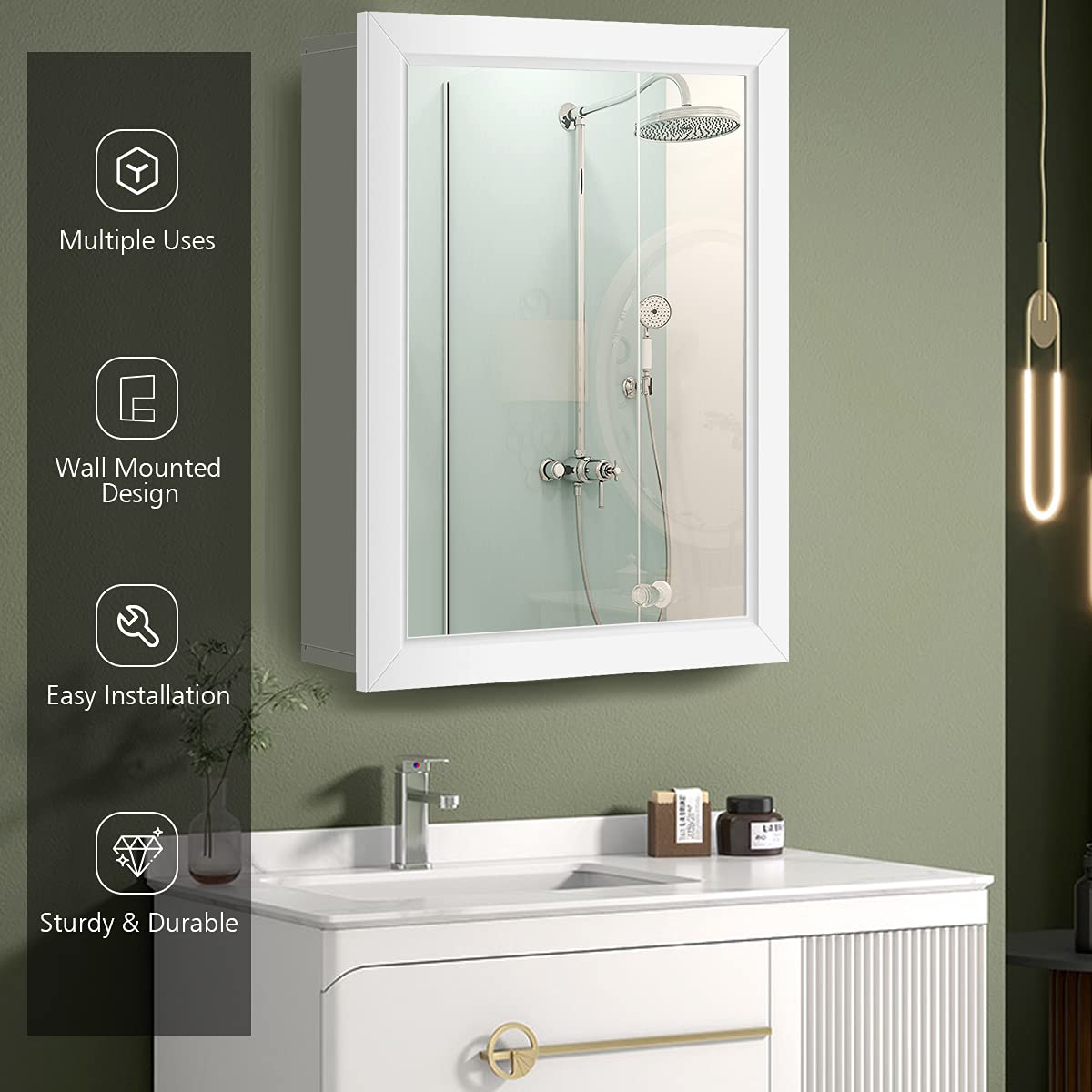 Adjustable Wall Mounted Storage Cupboard with Mirror for Bathroom