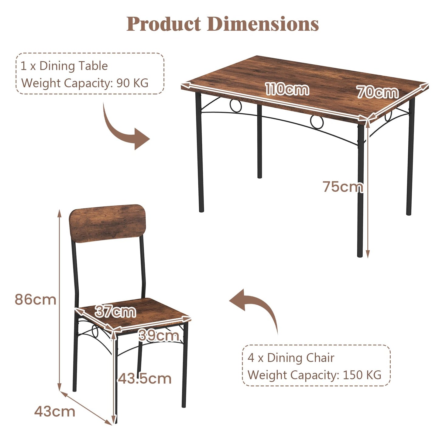5-Piece Dining Table Set Industrial Metal Frame with Rectangular Table