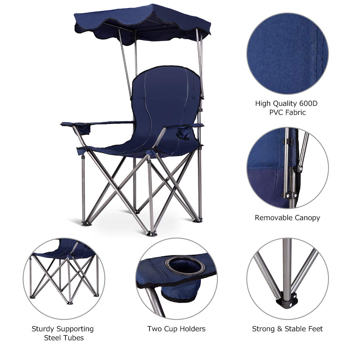 Folding Beach Chair with Shade Canopy and Carry Bag