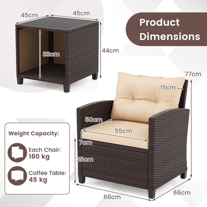 3 Piece Outdoor Patio Furniture Set with Glass Coffee Table and Storage Compartment