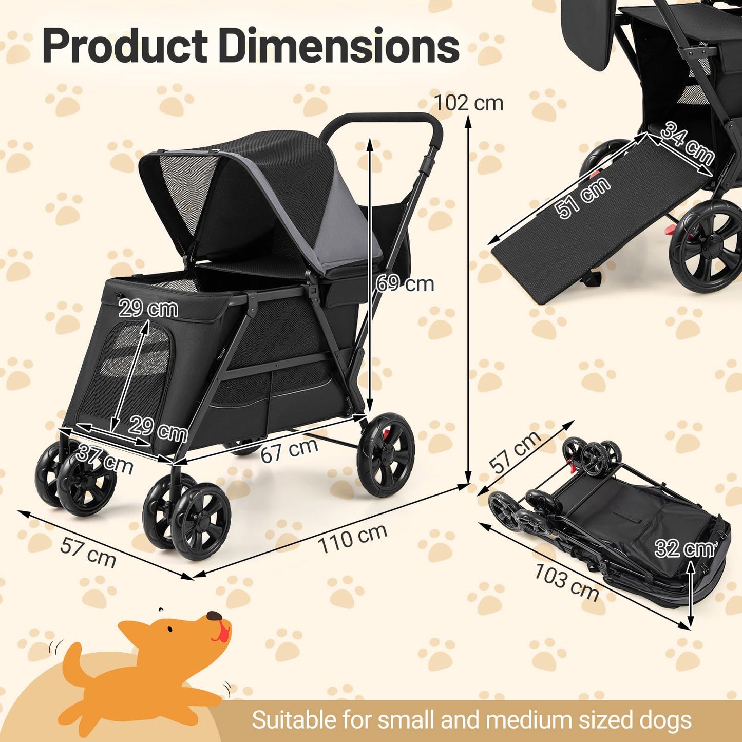 Foldable Dog Pushchair Cat Pram with Dual Entry for Dogs Cats