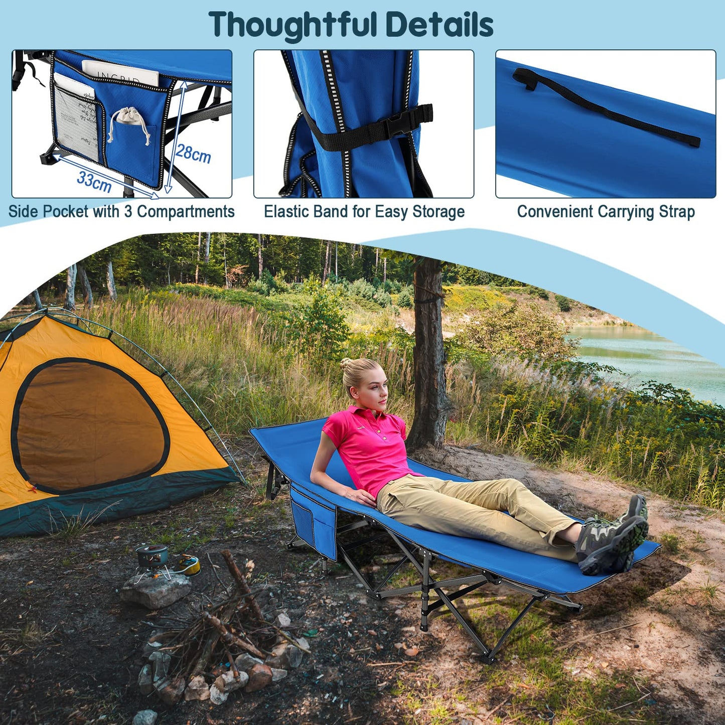 28" Extra Wide Portable Camping Bed Cot with Side Pocket & Carry Bag