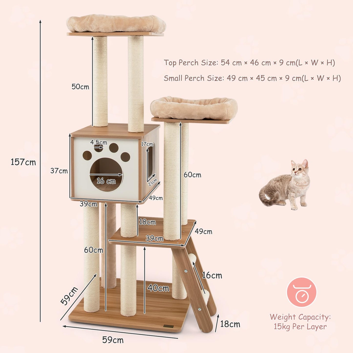 5-Tier Cat Tree Tower with Cando and 2 Padded Plush Perches