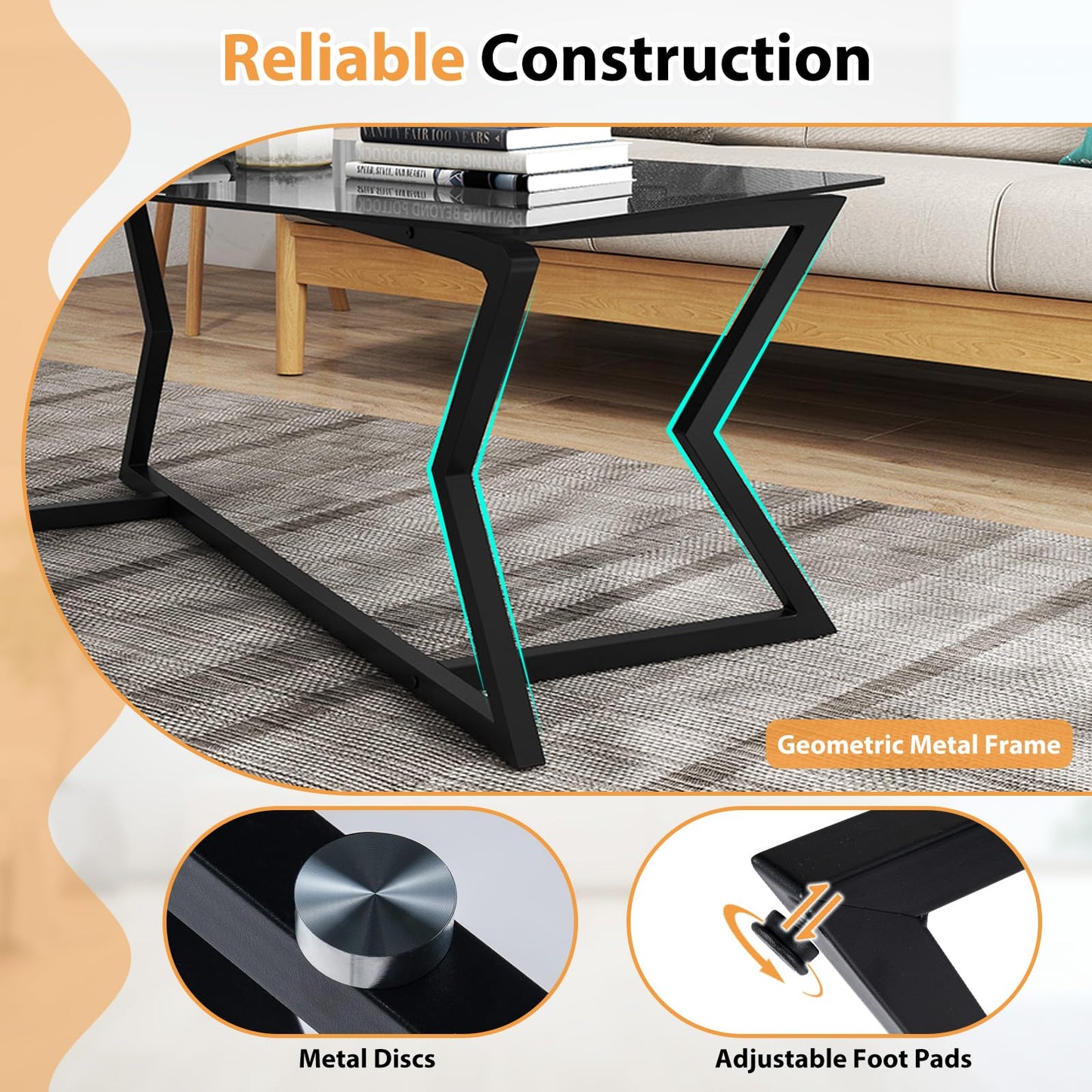 Rectangular Glass Coffee Table with Tempered Top and Metal Frame for Living Room