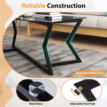 Rectangular Glass Coffee Table with Tempered Top and Metal Frame for Living Room
