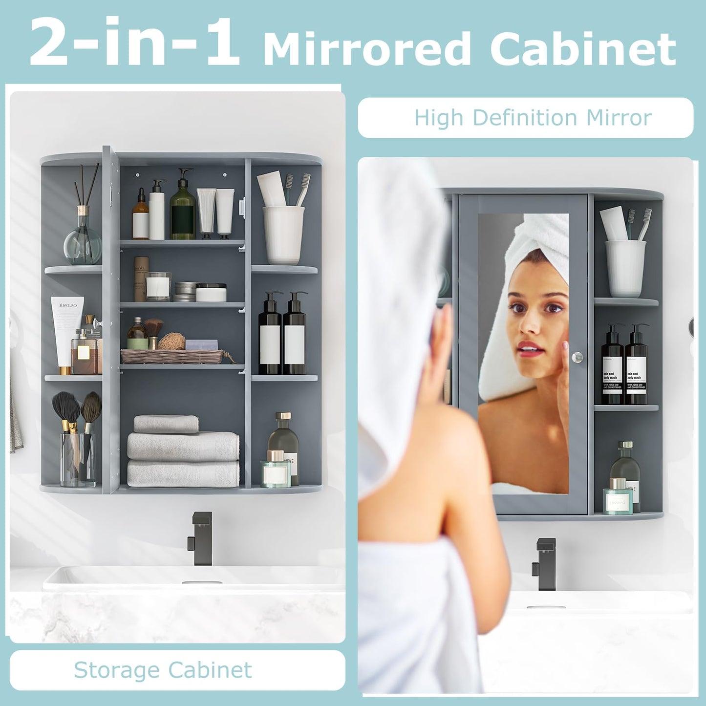 Bathroom Mirror Cabinet, Single Door Wall Mounted Storage Cupboard