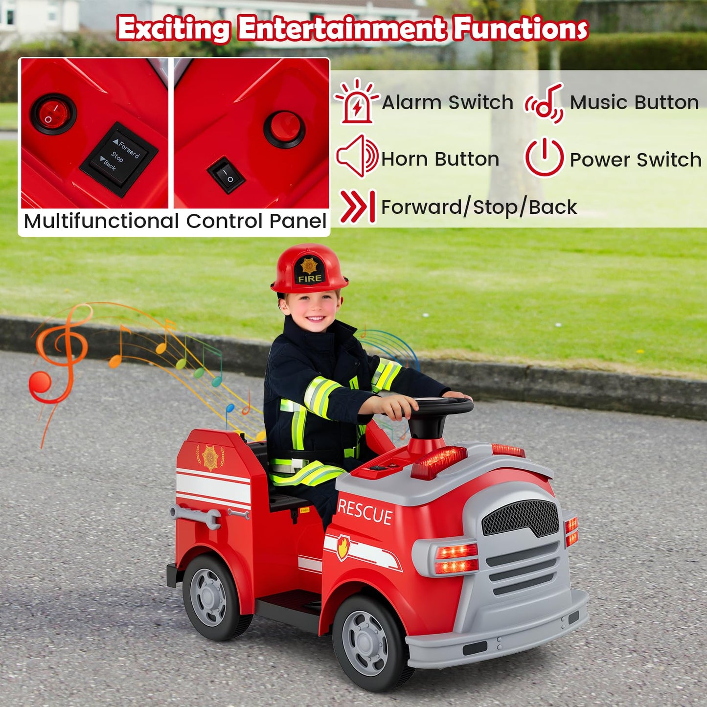 12V Kids Ride on Fire Truck with Shovel and Wrench