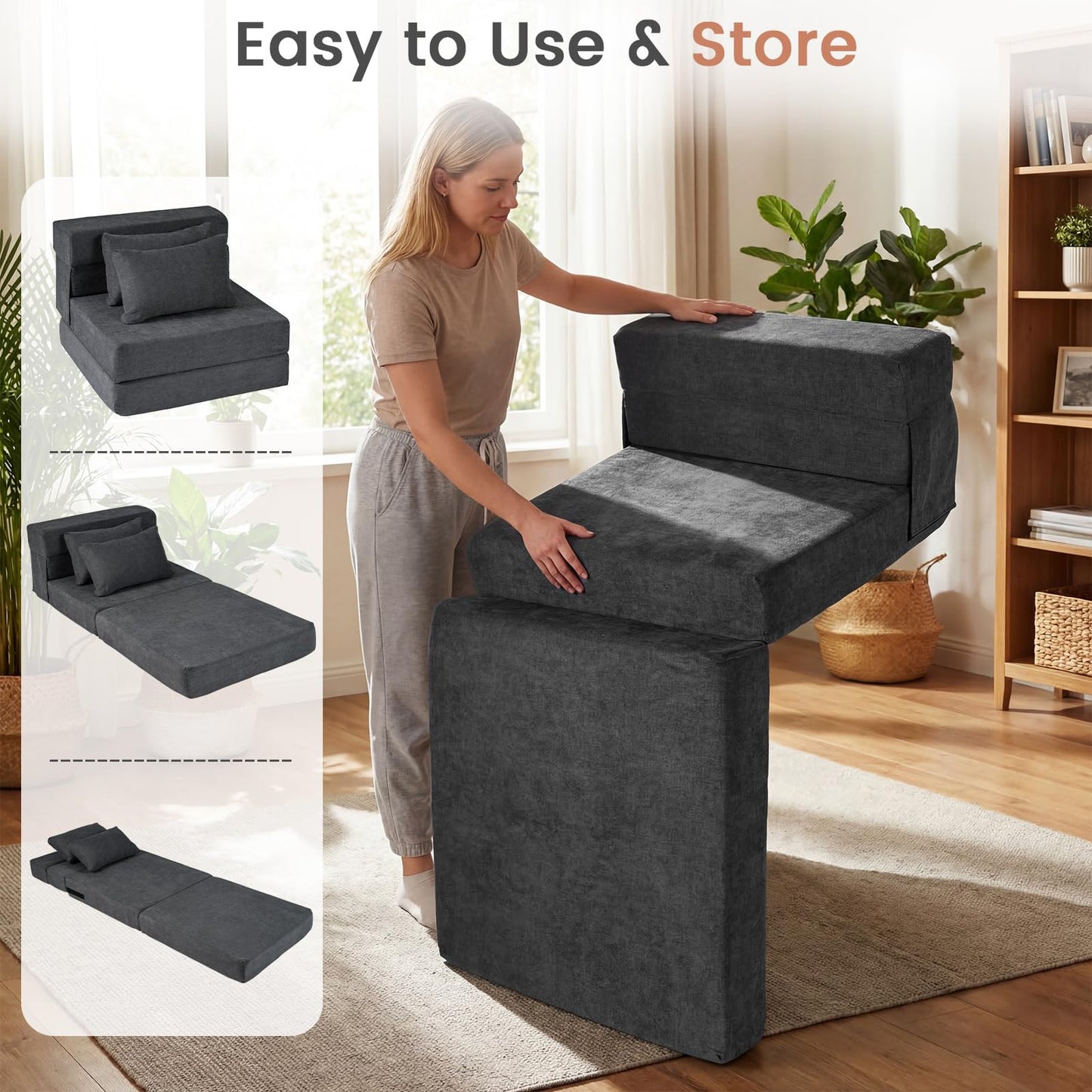Folding Sofa Bed, 3-in-1 Convertible Sleeper Chair Futon Couch Bed with 2 Pillows