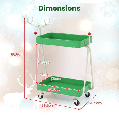 Reindeer Side Table 2-Tier Christmas Rolling Cart with Metal Frame and Wheels