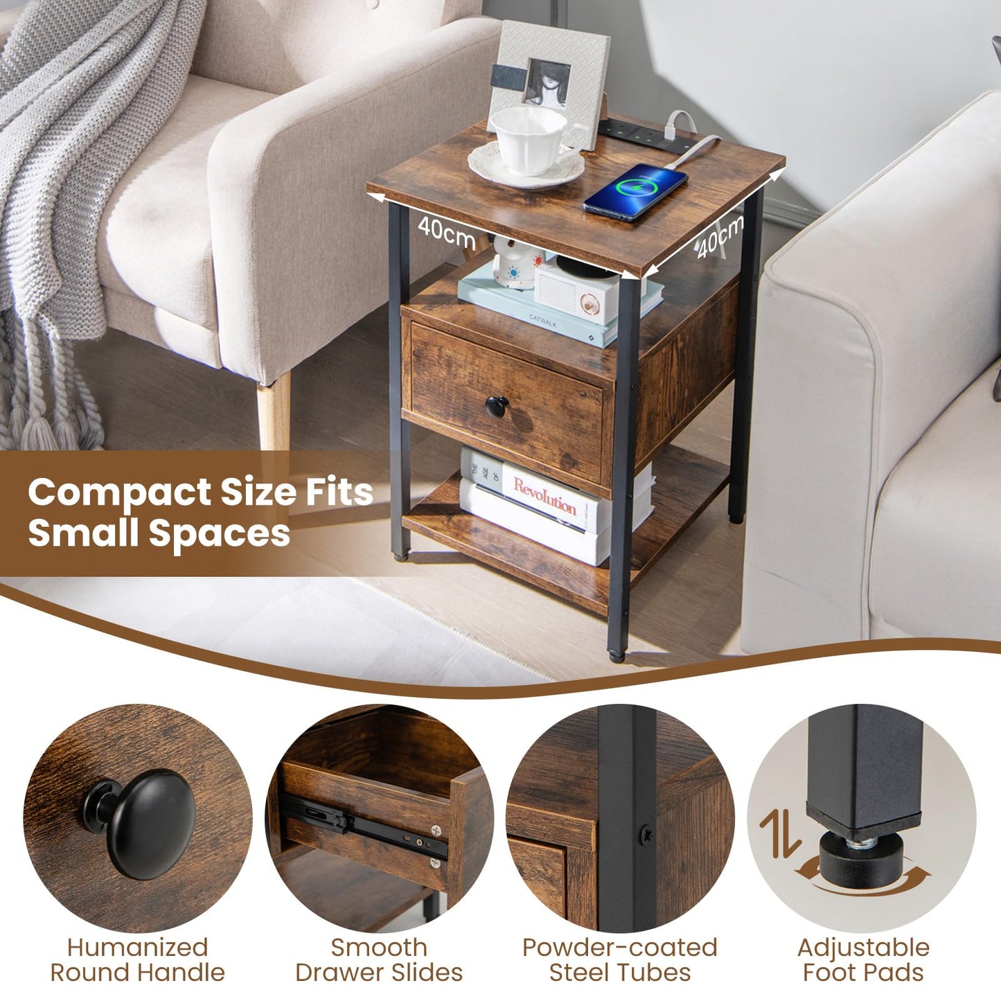 3-Tier Nightstand with Charging Station Open Shelves and Drawer