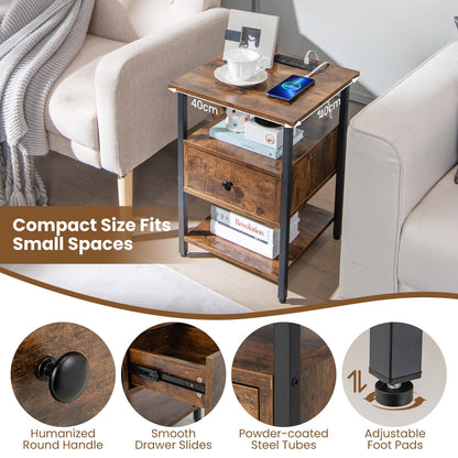3-Tier Nightstand with Charging Station Open Shelves and Drawer