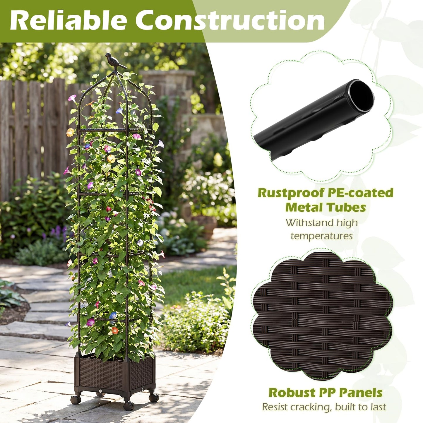 Raised Garden Bed with Trellis, Height Adjustable Rolling Planter Box