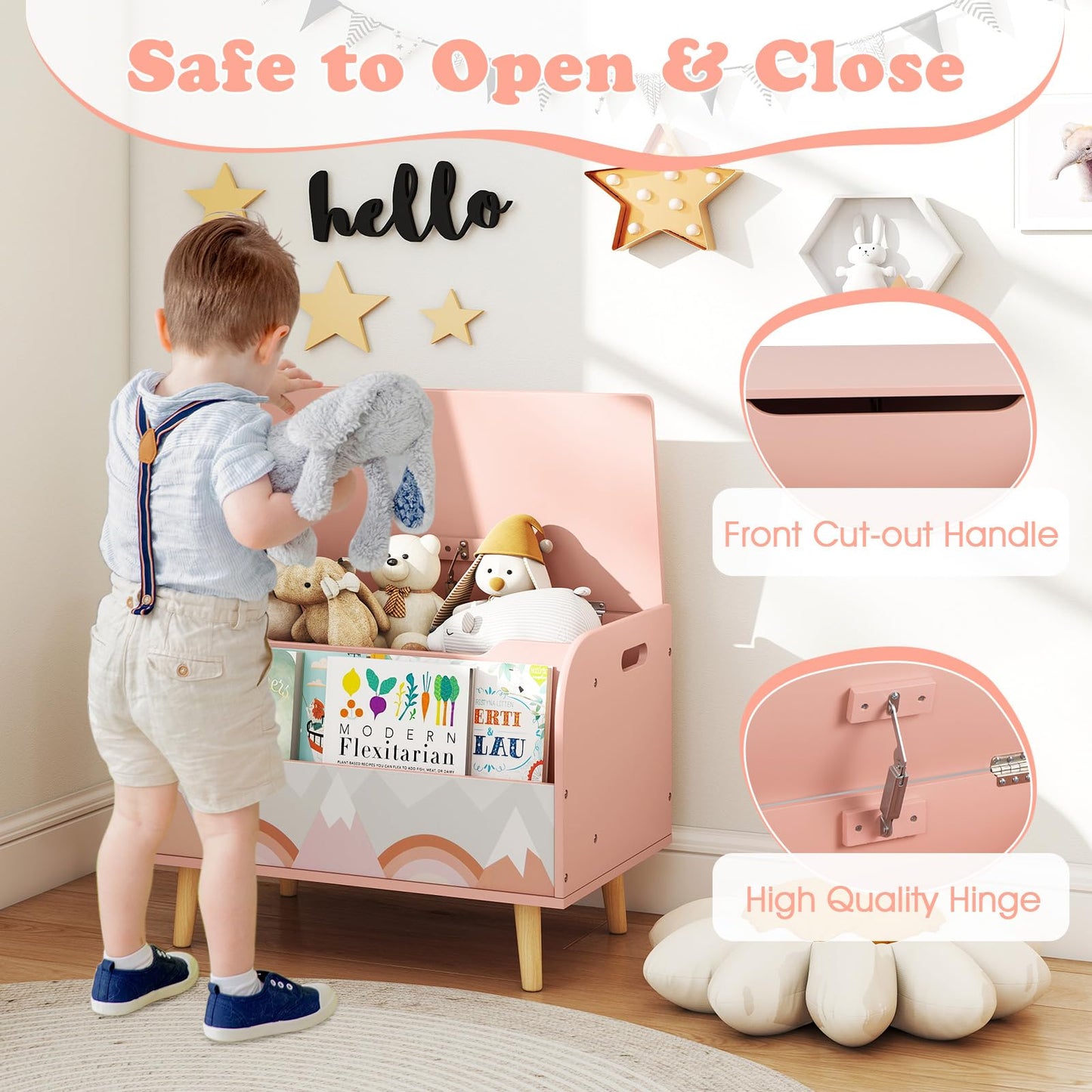 Wooden Toy Box, Kids Storage Chest with Flip-top Lid, Front Bookshelf