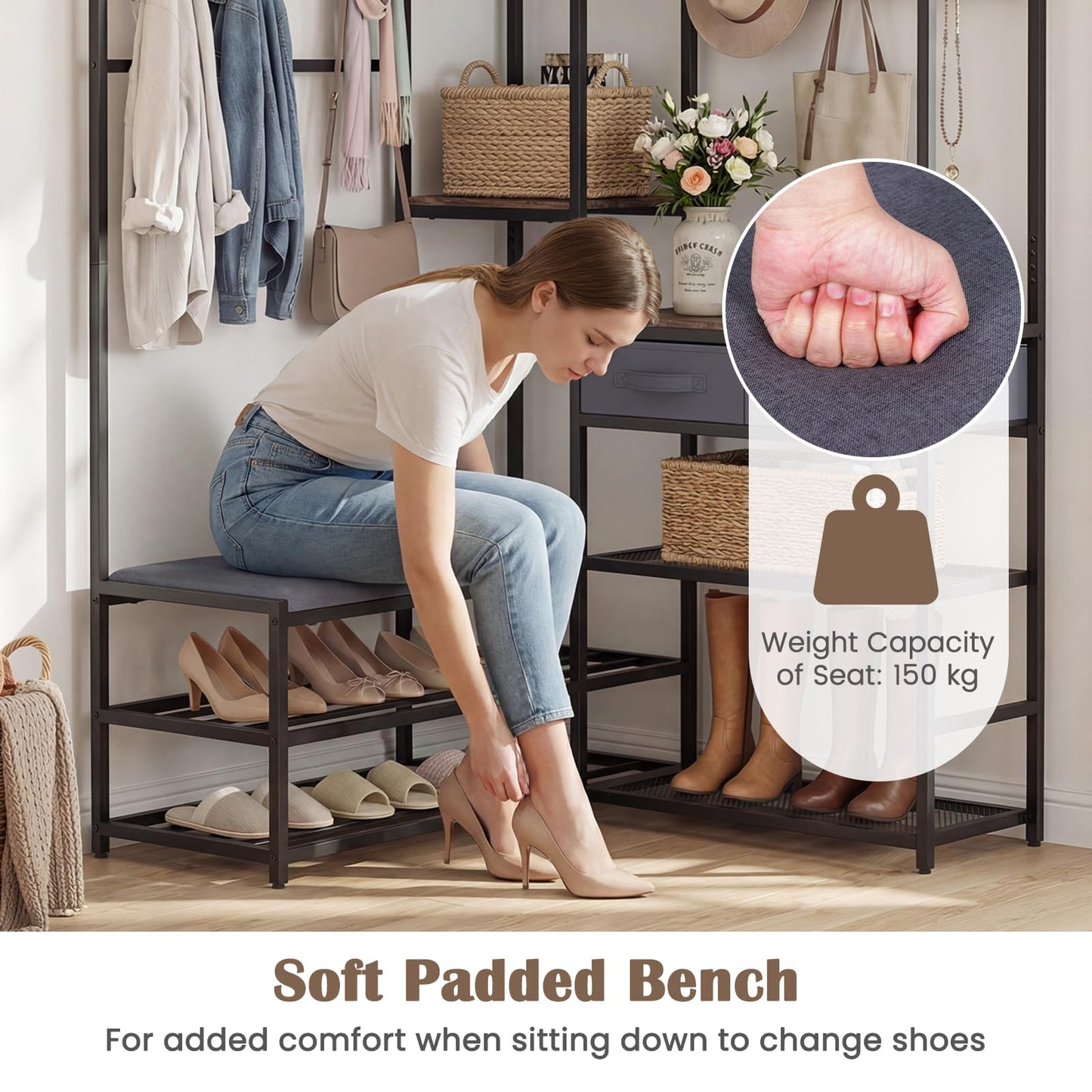 Corner Hall Tree, Coat Rack Stand with Shoe Storage Bench, Shelves