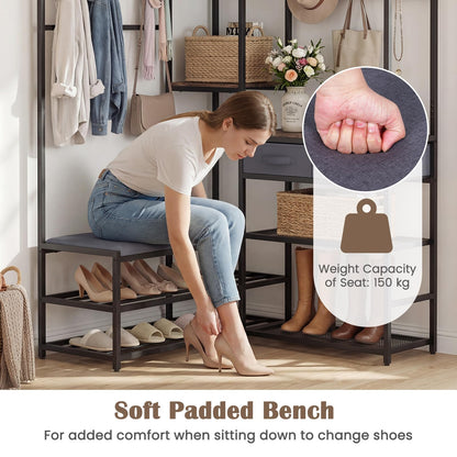 Corner Hall Tree, Coat Rack Stand with Shoe Storage Bench, Shelves