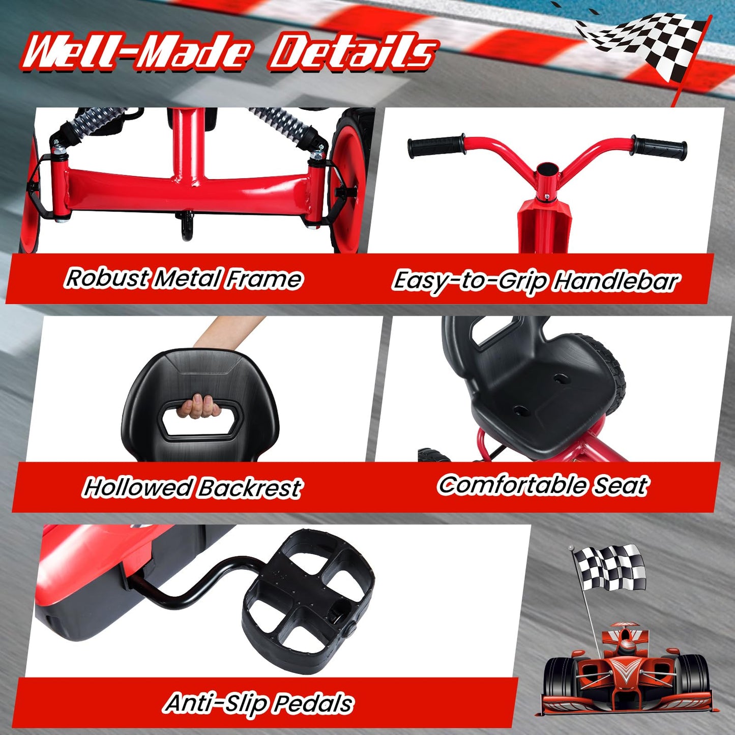 Kids Pedal Go Kart, Ride On Racer with 2-Position Seat