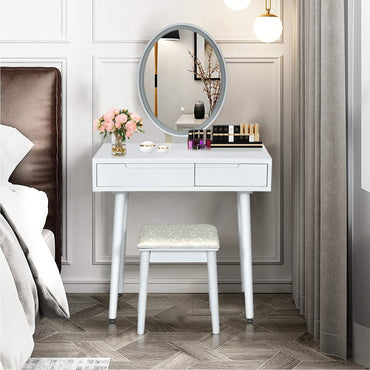 Dressing Table with 3-Color LED Lights Oval Mirror and Stool
