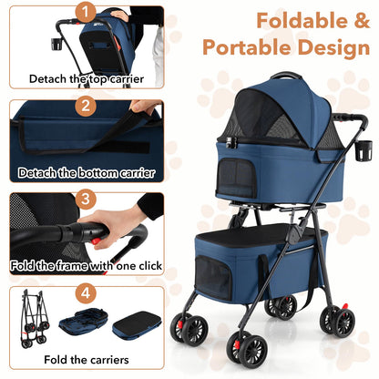 Double Pet Stroller, 4 Wheels Foldable Dog Pushchair Cat Buggy