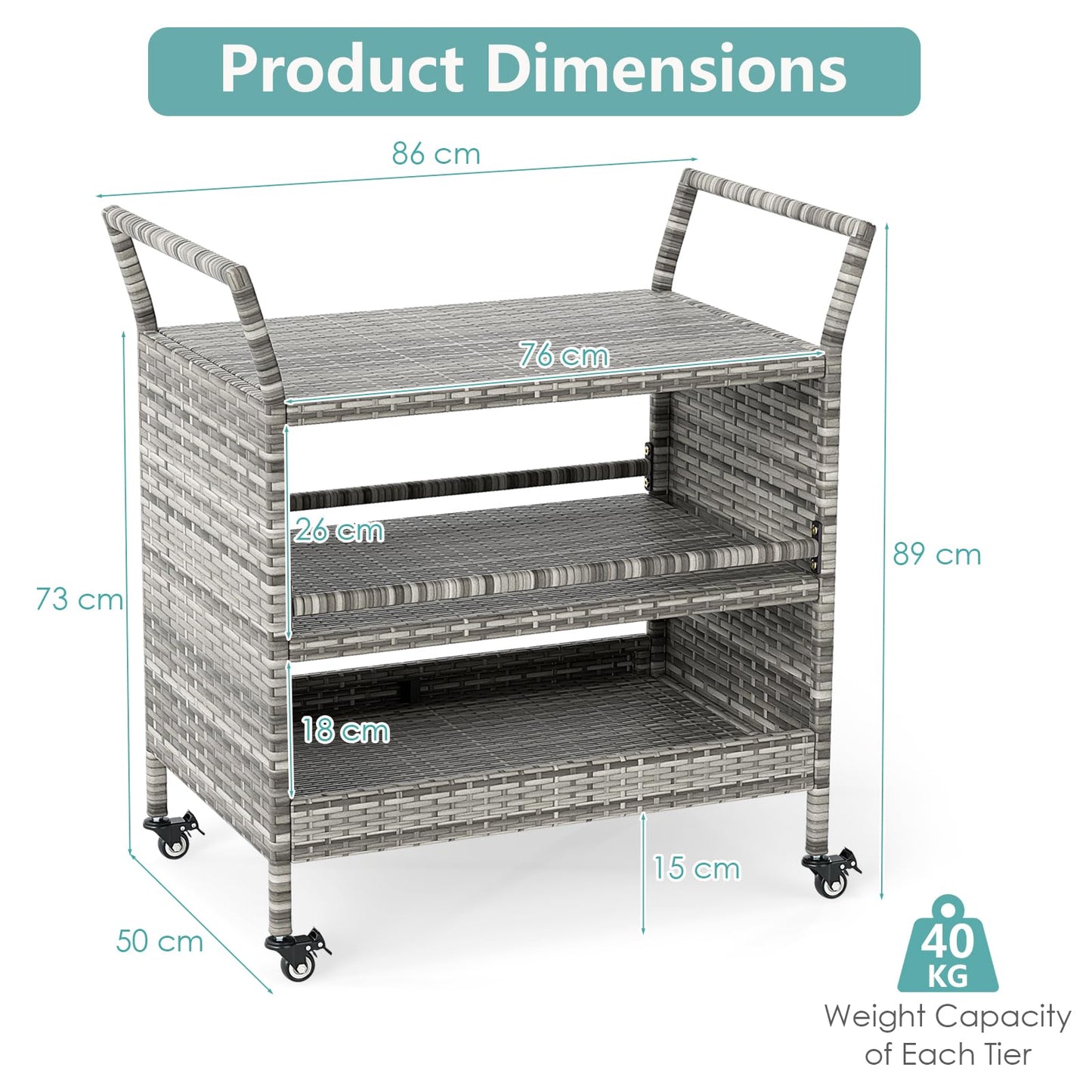 Outdoor Bar Cart 3-Tier Patio Rattan Storage Shelf Wicker Serving Table