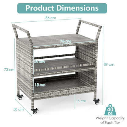 Outdoor Bar Cart 3-Tier Patio Rattan Storage Shelf Wicker Serving Table
