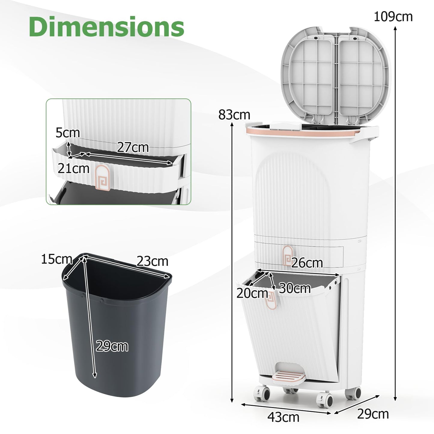 Recycling Bins, 42L Trash Can Garbage Bin with 3 Compartments