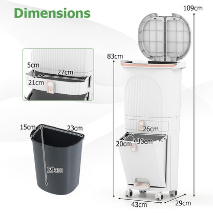 Recycling Bins, 42L Trash Can Garbage Bin with 3 Compartments