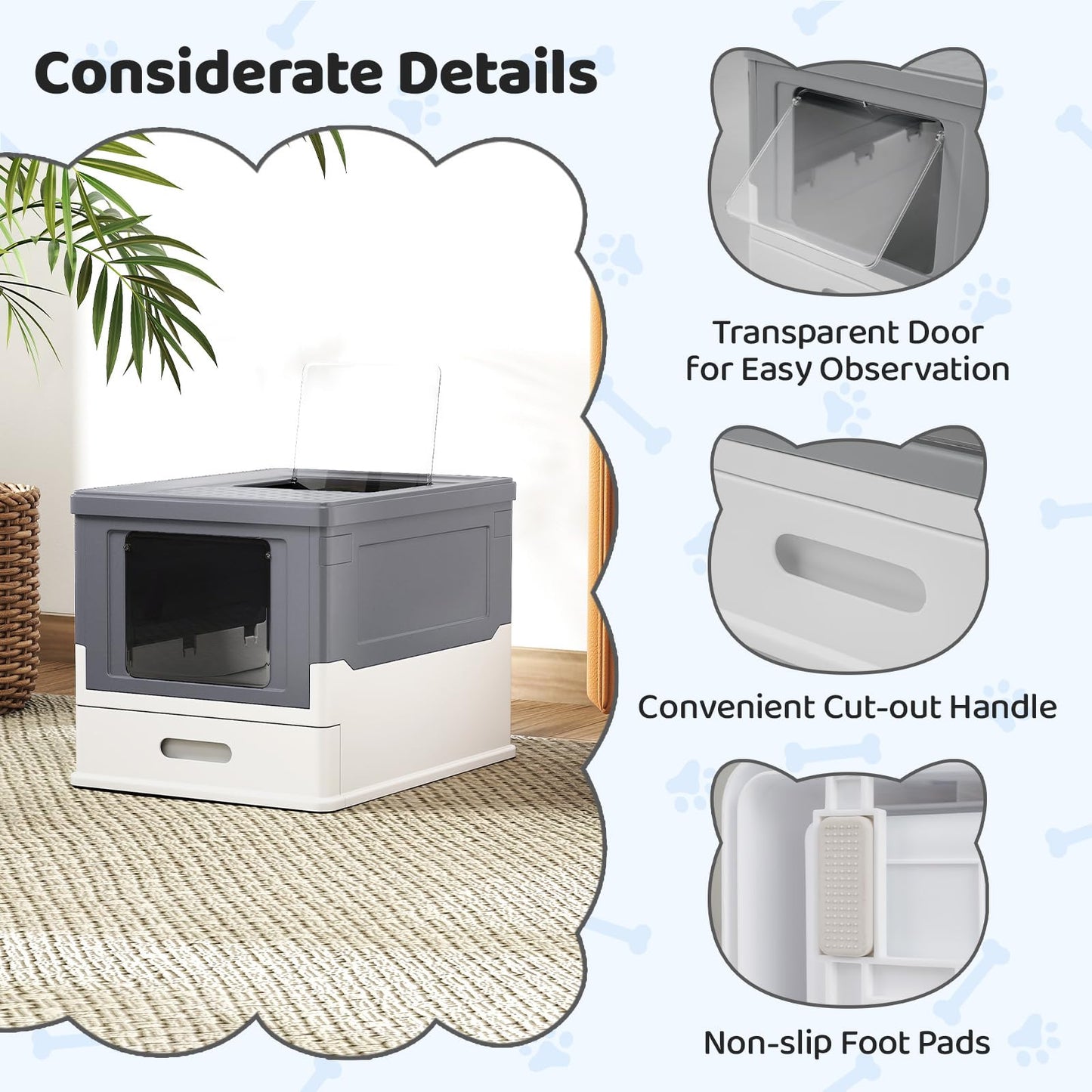 Cat Litter Box, Foldable Hooded Litter Tray with Lid, Flip Top Exit