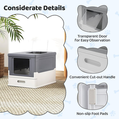 Cat Litter Box, Foldable Hooded Litter Tray with Lid, Flip Top Exit