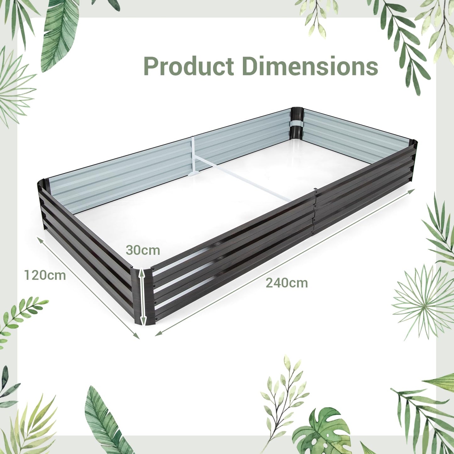 240 x 120 x 30 cm Metal Rectangular Raised Garden Bed with Open Bottom