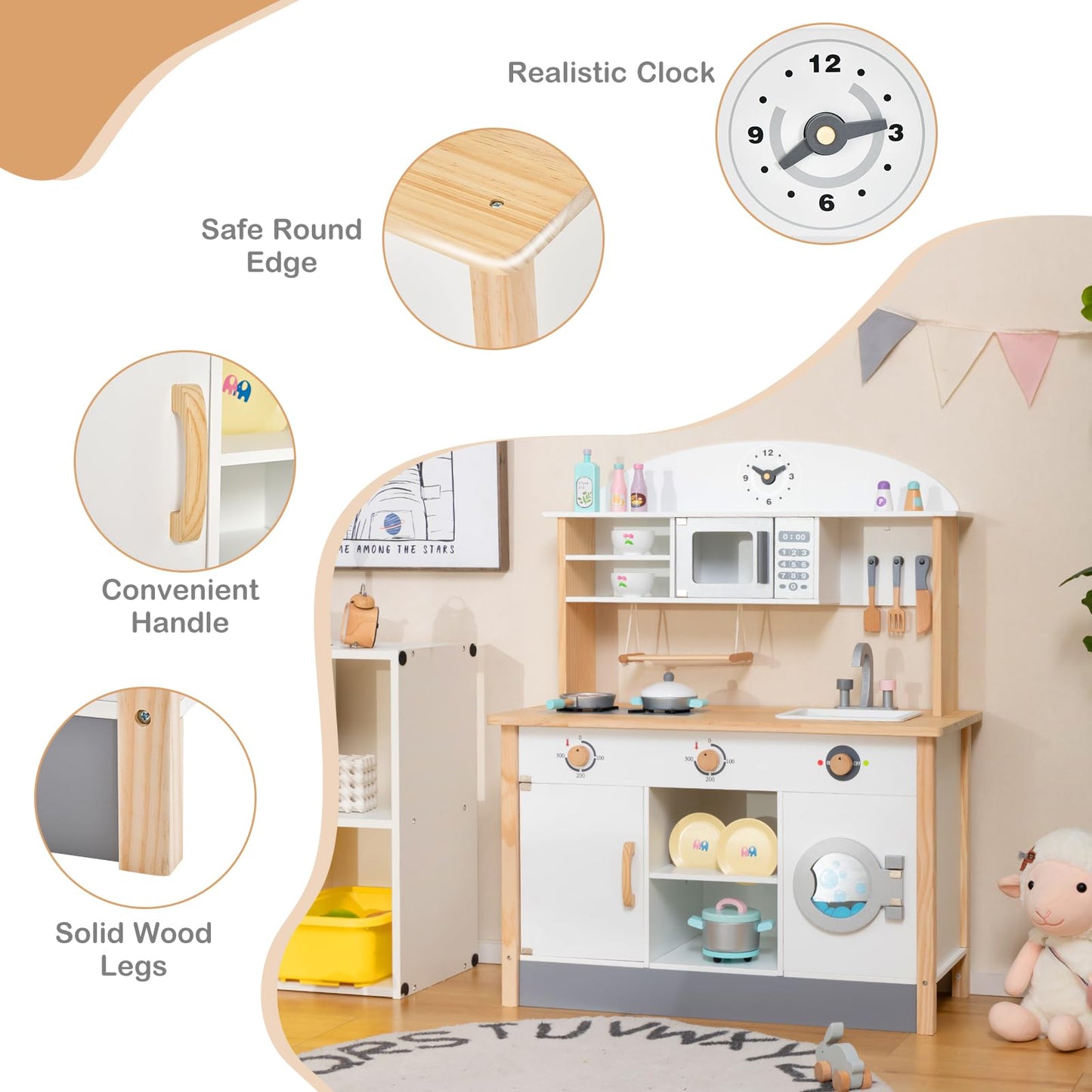 Wooden Kids Play Kitchen, Chef Pretend Toy Kitchen with Clock