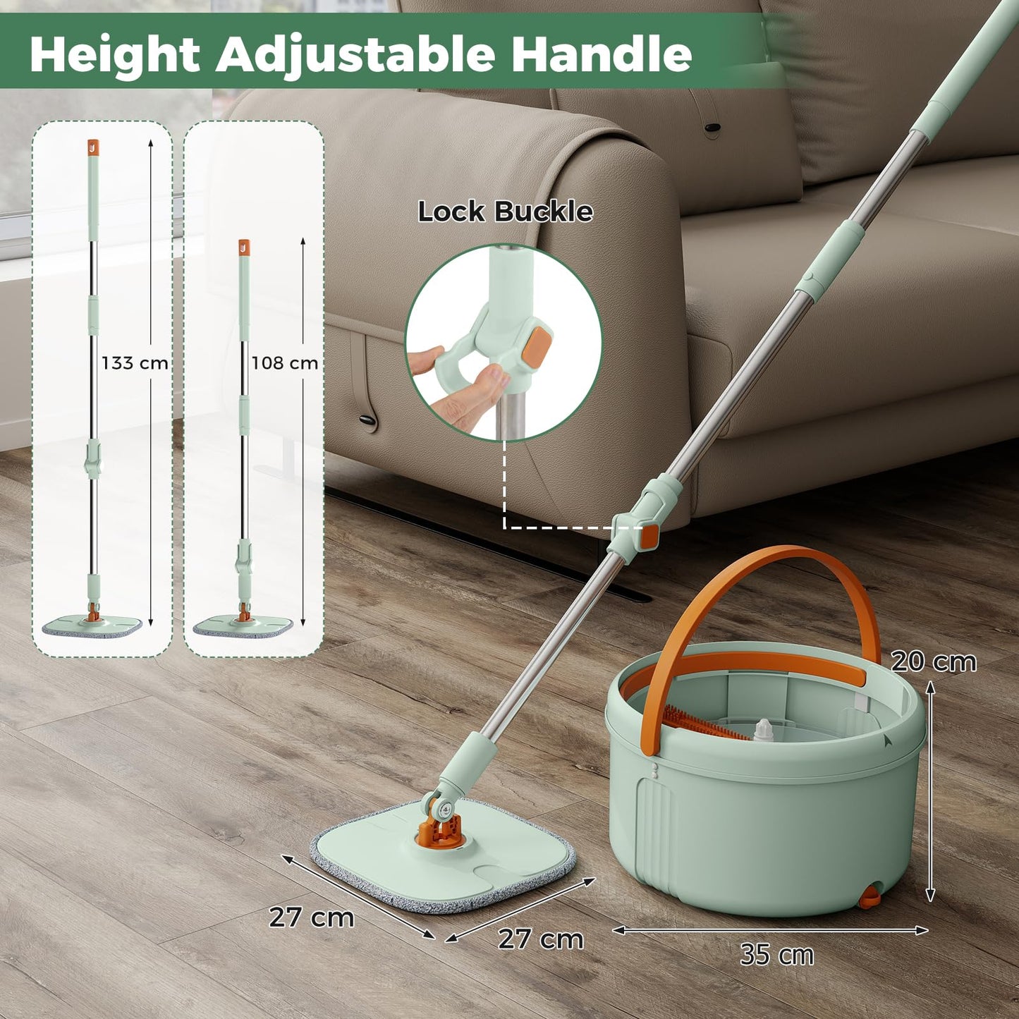 Flat Floor Mop and Bucket System with Washable Microfiber Pads
