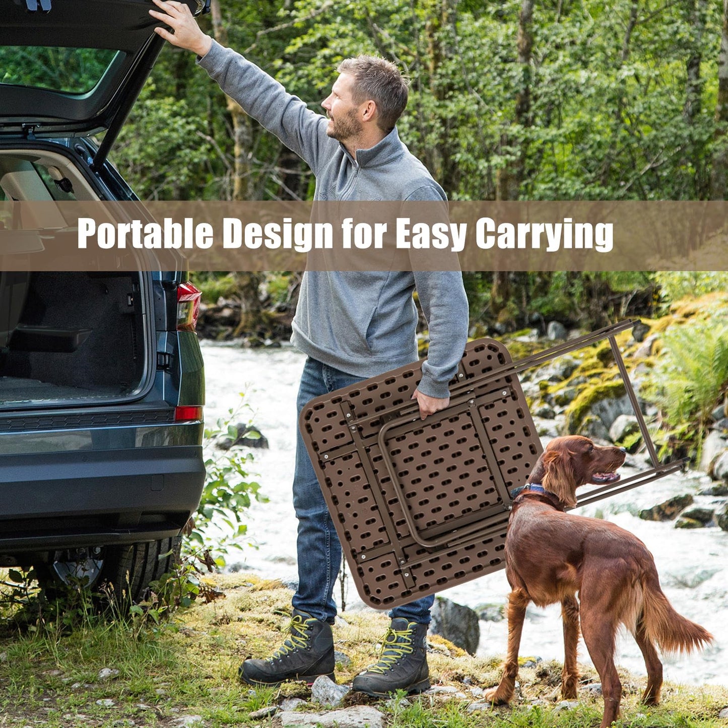 60 x 60 x 72cm Portable Square Camping Trestle Table with HDPE Top & Metal Frame