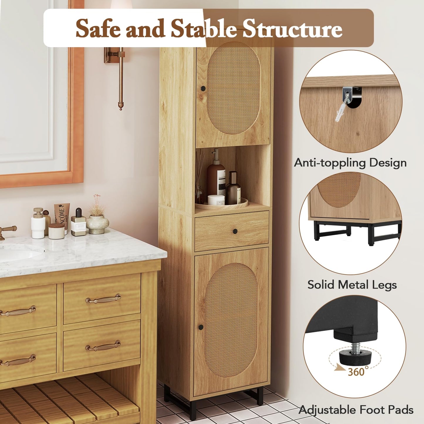 170cm Tall Bathroom Cabinet with 2 Doors and Open Compartment