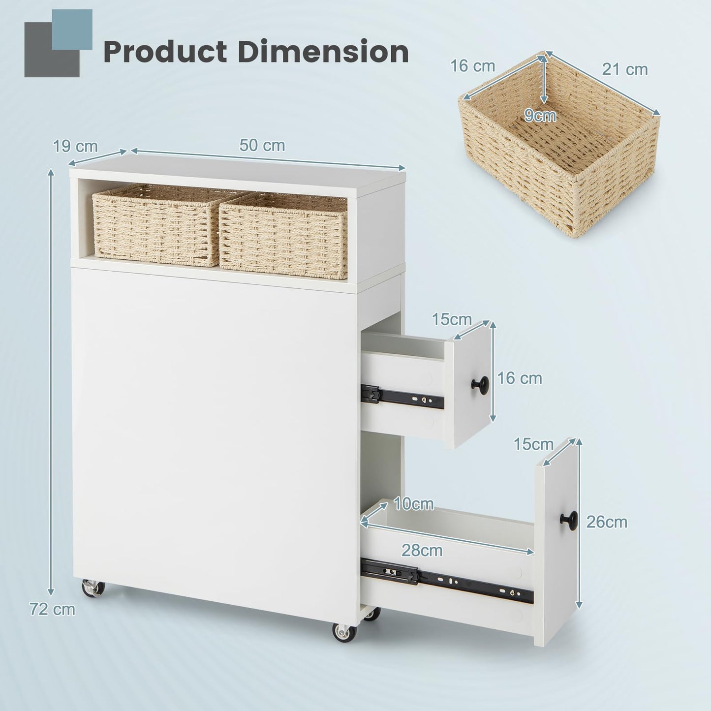 Mobile Narrow Bathroom Storage Unit with 2 Slide Out Drawers