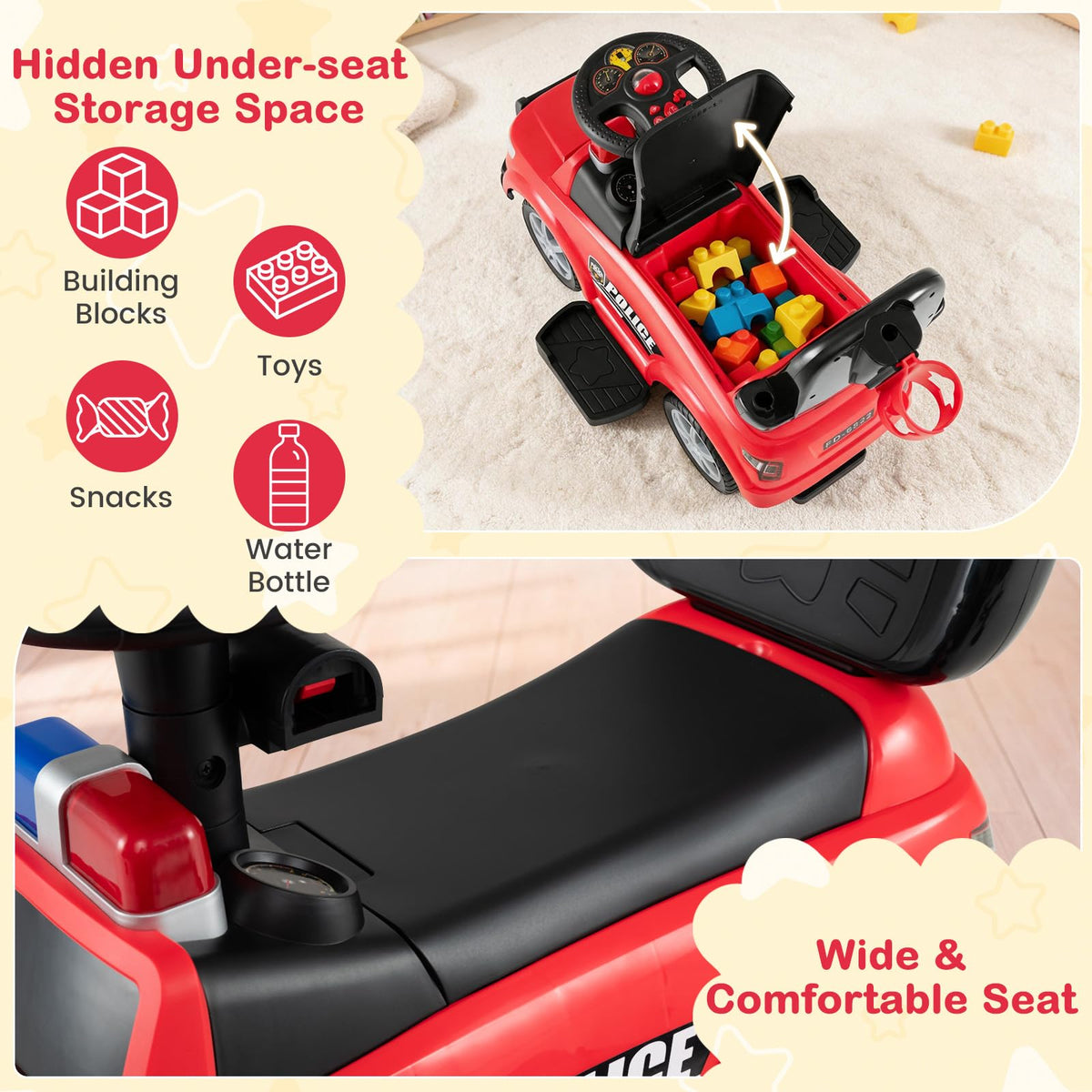 3 in 1 Kids Ride on Push Car, Push Along Car with Light