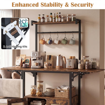 Kitchen Bakers Rack with Drop Leaf, Power Outlet & Rattan Doors